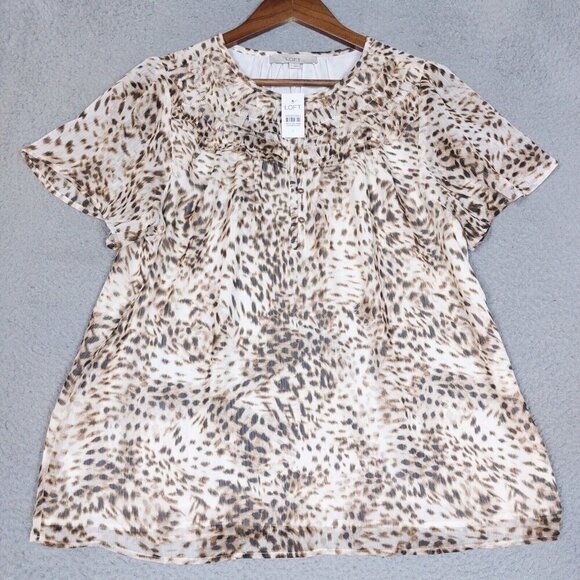 Loft Blouse Womens Large Animal Print Chiffon Short Sleeve Popover Ruffle NWT - Picture 1 of 15